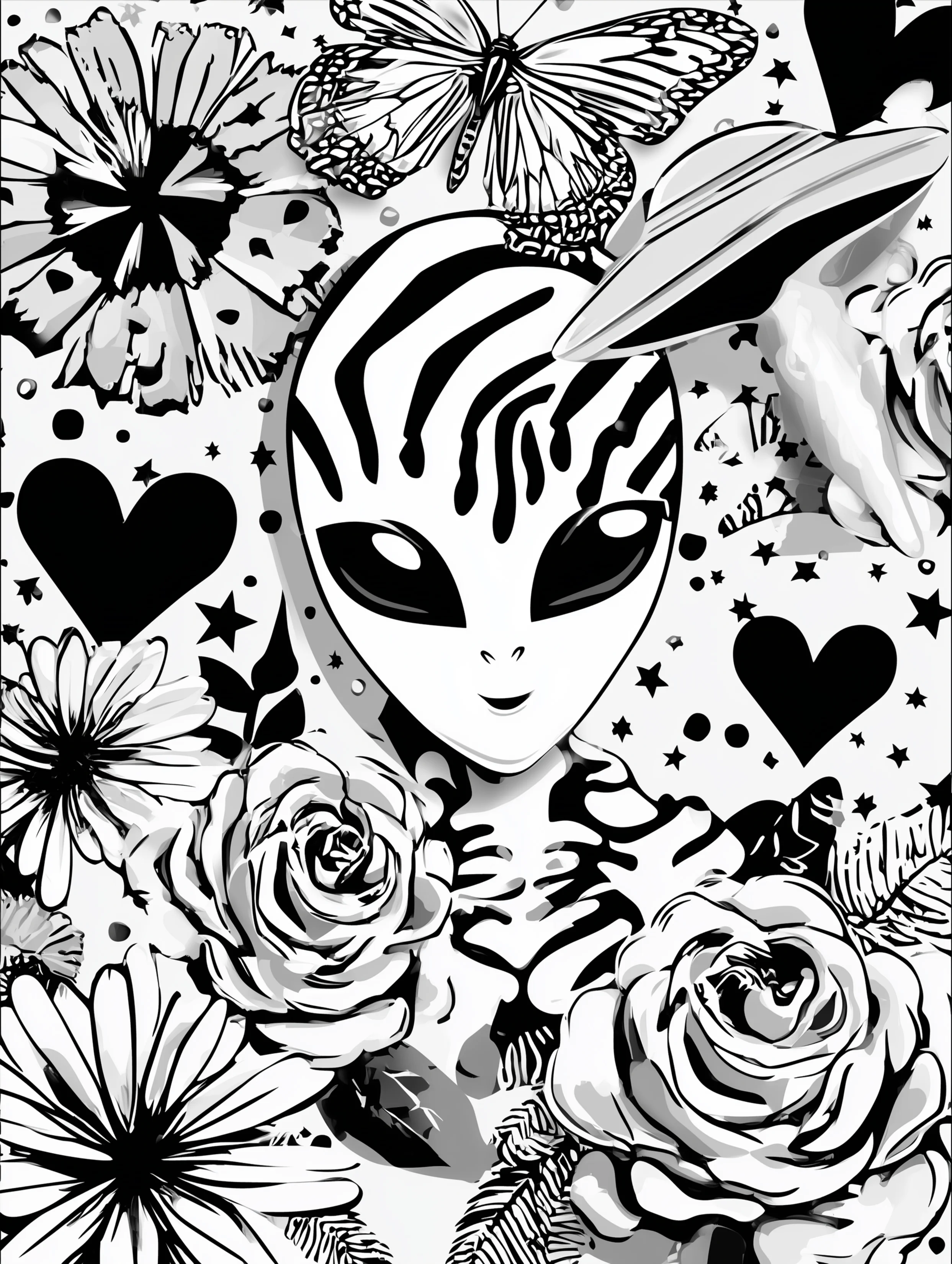 Free printable alien coloring page for adults featuring an alien holding flowers